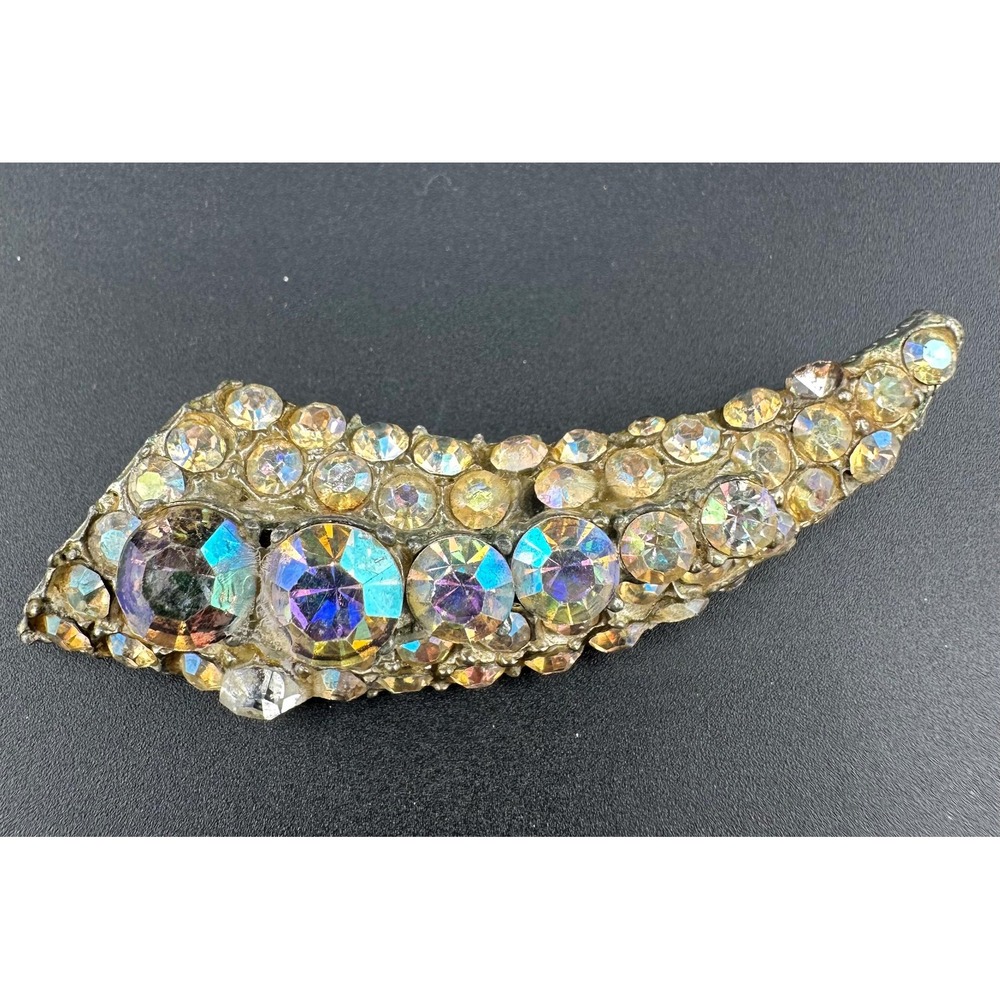 VTG 30s 40s Aurora Borealis Rhinestone Crescent Brooch Crystal Pot Metal Pin